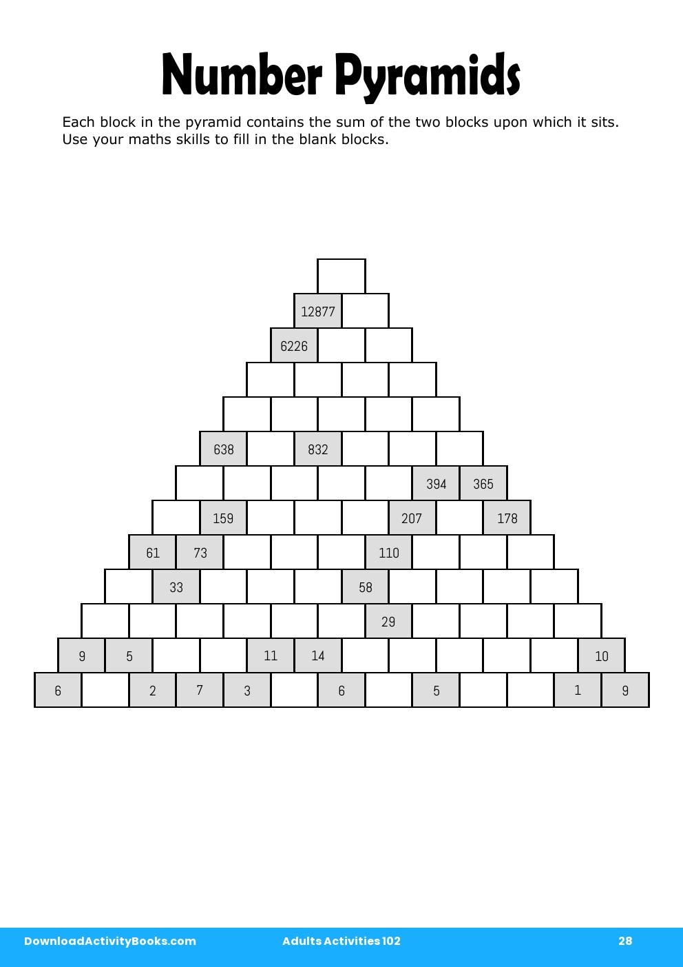 Number Pyramids in Adults Activities 102