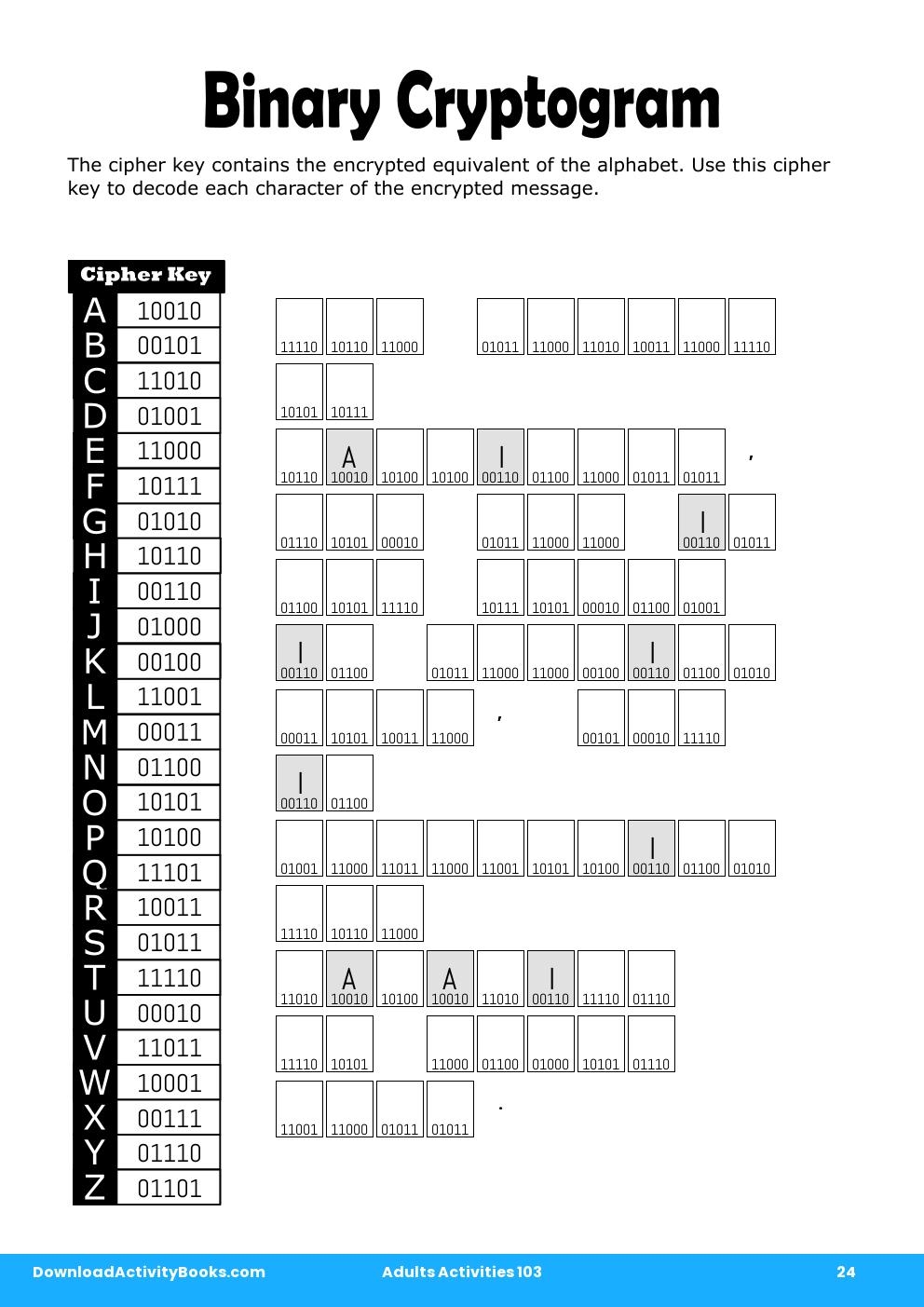 Binary Cryptogram in Adults Activities 103