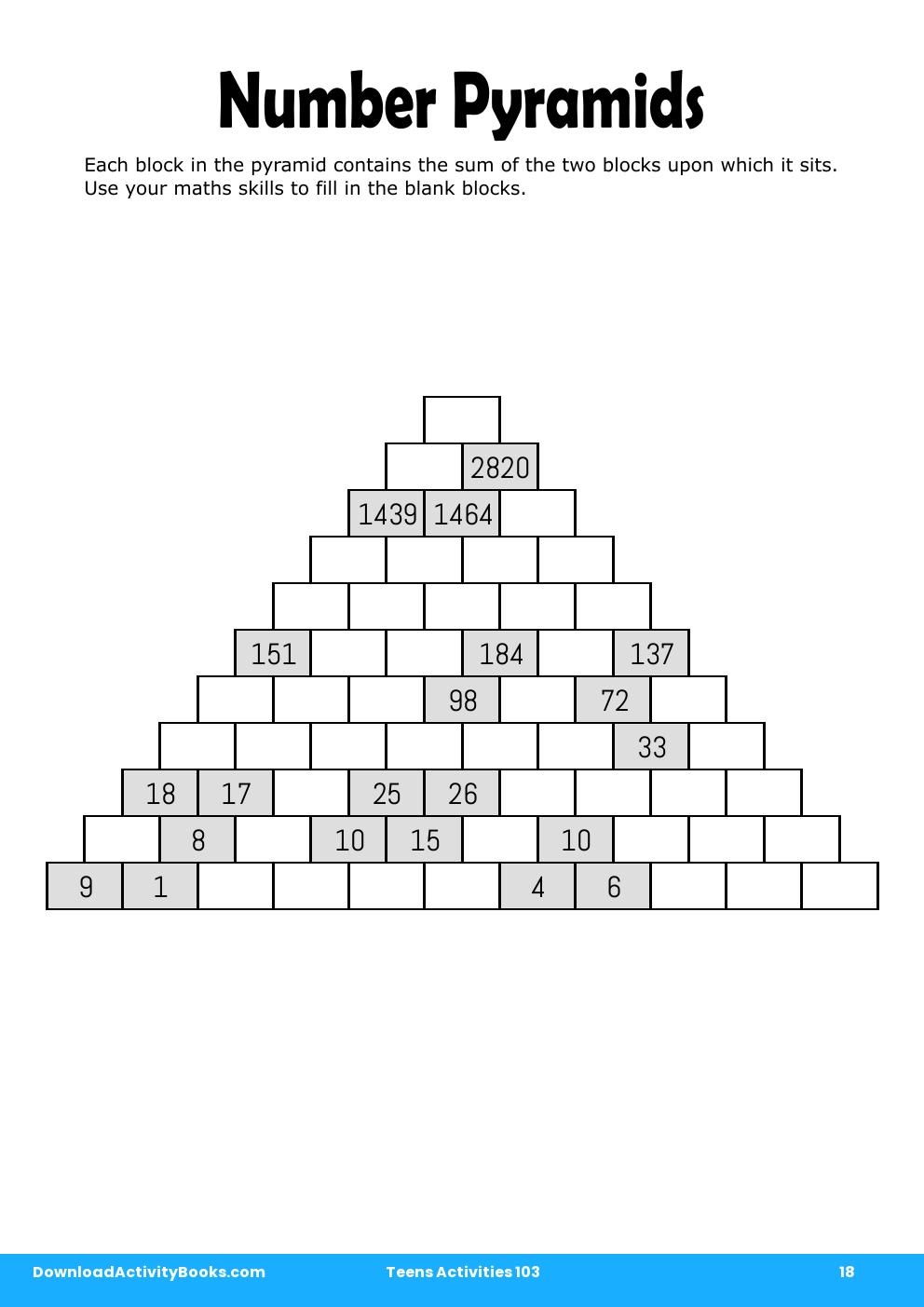 Number Pyramids in Teens Activities 103
