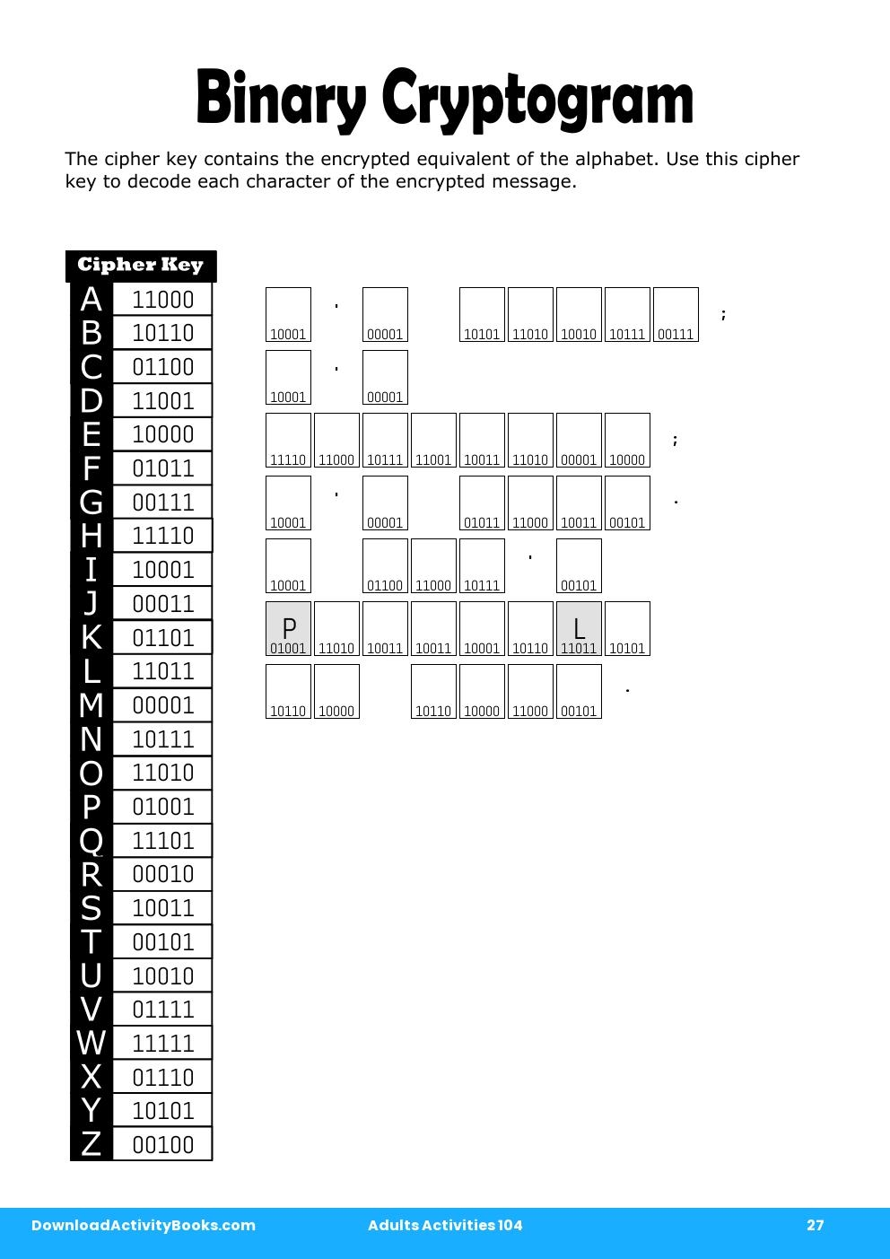 Binary Cryptogram in Adults Activities 104