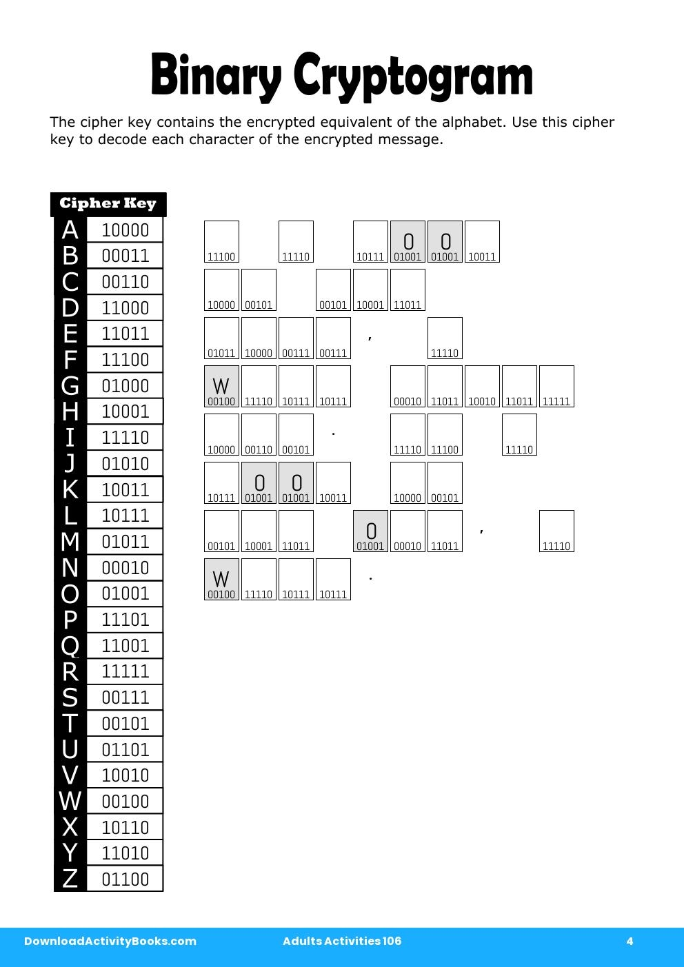Binary Cryptogram in Adults Activities 106