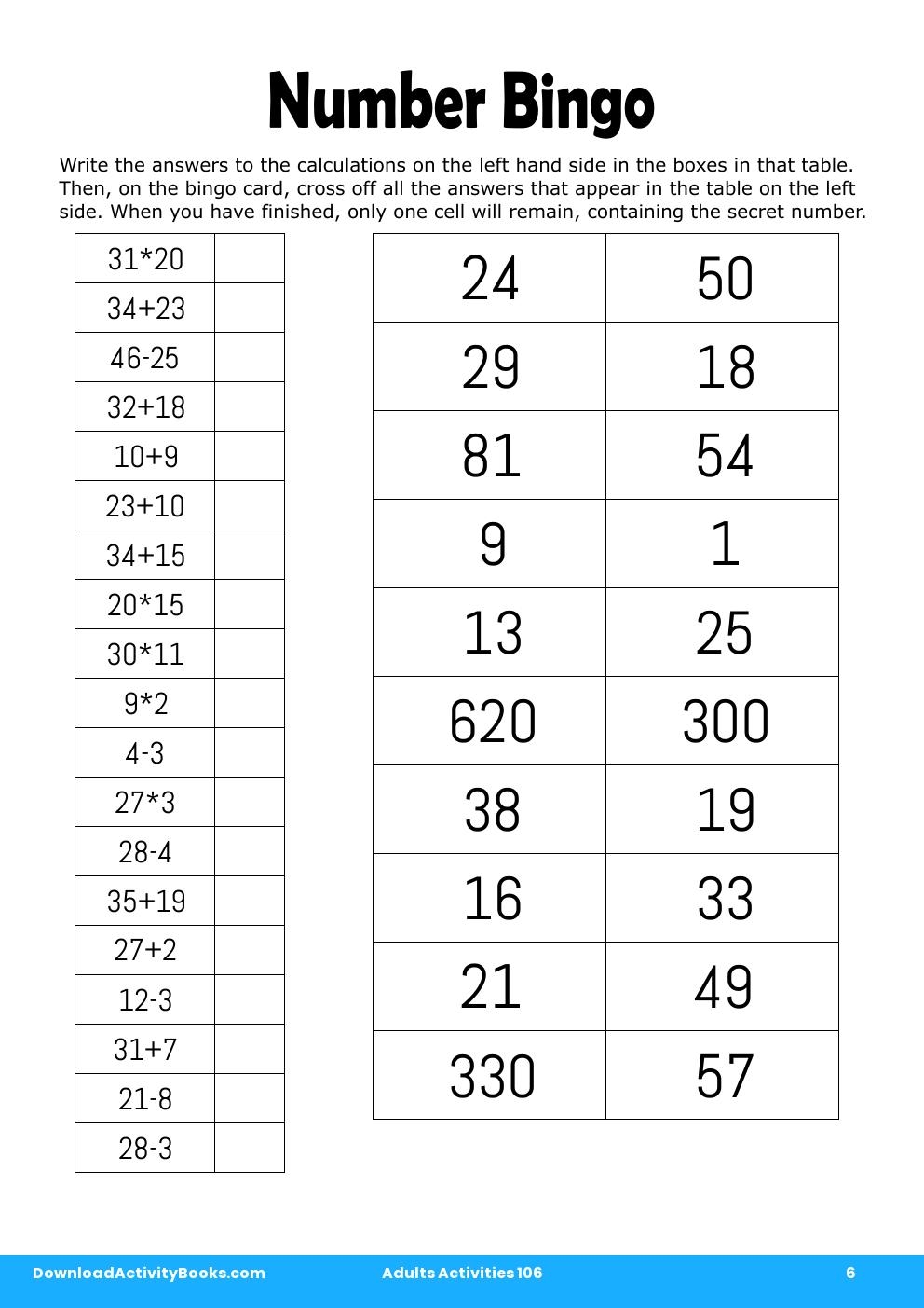 Number Bingo in Adults Activities 106