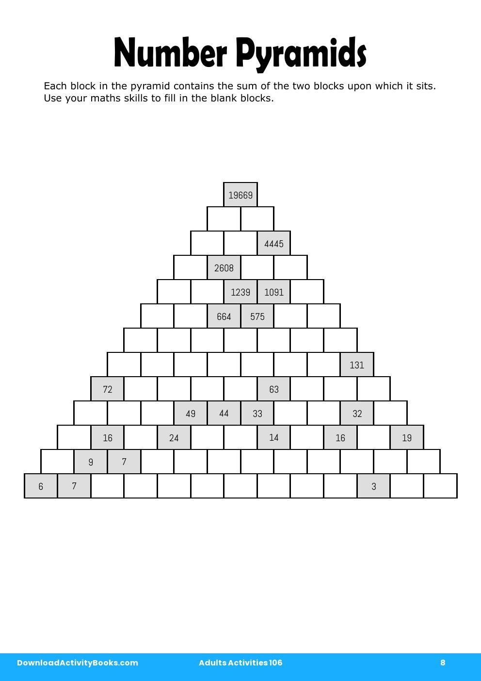 Number Pyramids in Adults Activities 106