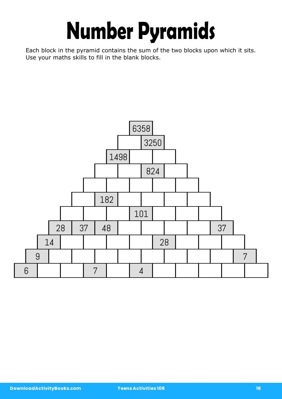 Number Pyramids in Teens Activities 106