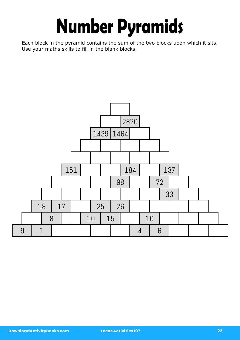 Number Pyramids in Teens Activities 107
