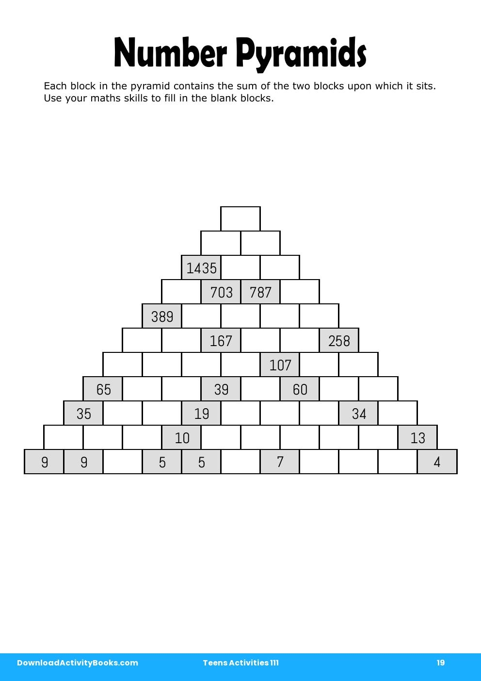 Number Pyramids in Teens Activities 111