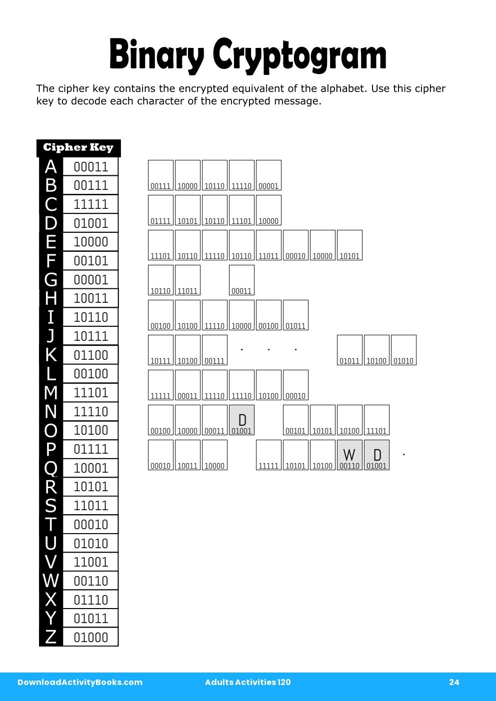 Binary Cryptogram in Adults Activities 120