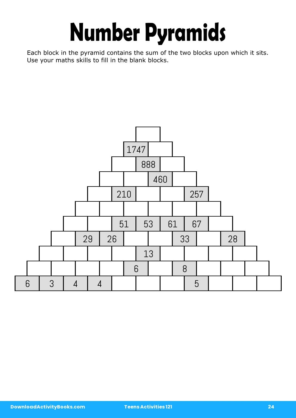 Number Pyramids in Teens Activities 121