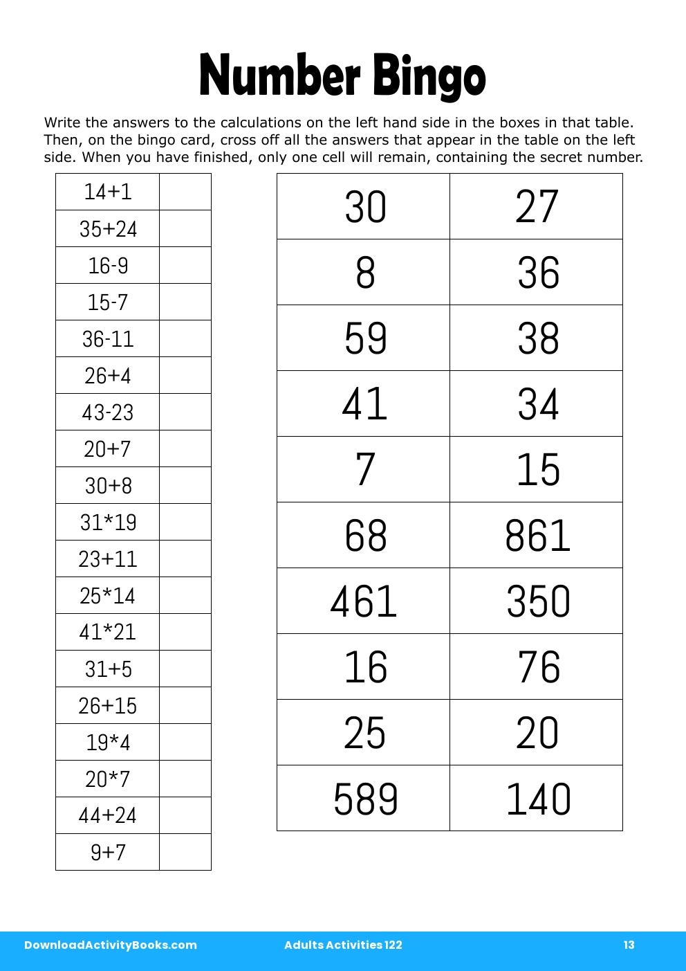 Number Bingo in Adults Activities 122