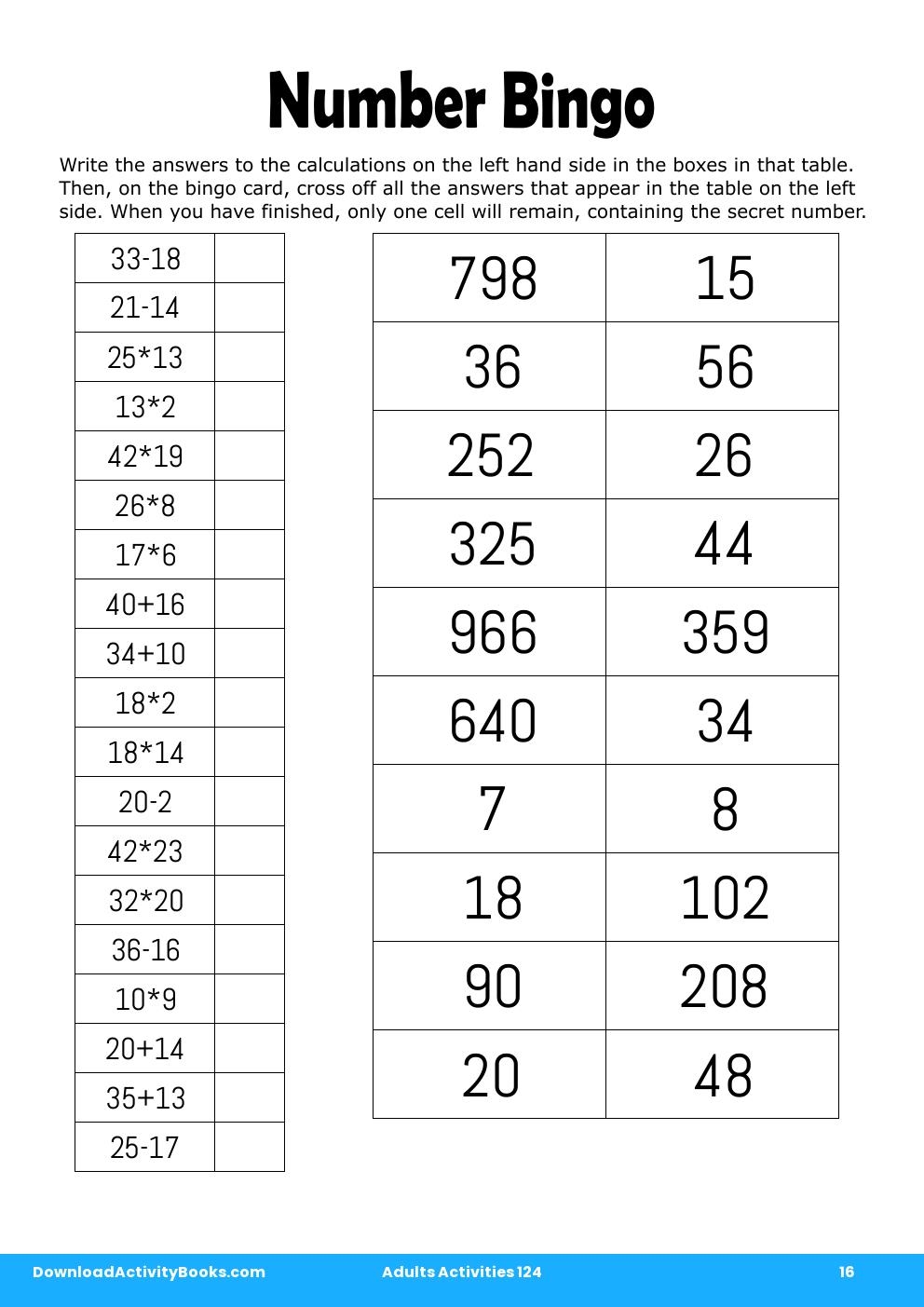 Number Bingo in Adults Activities 124
