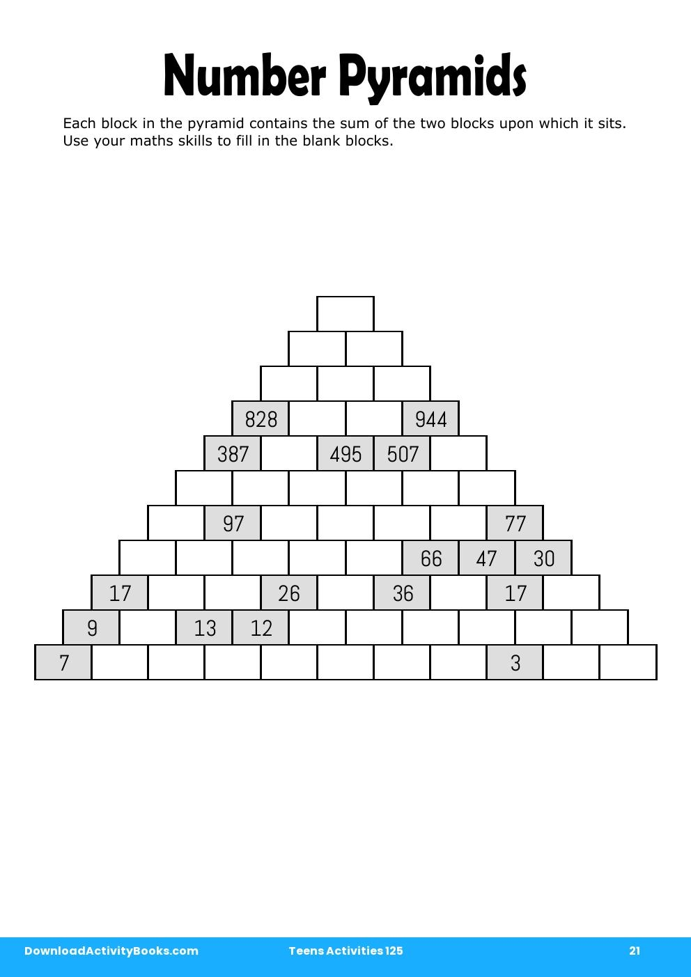 Number Pyramids in Teens Activities 125