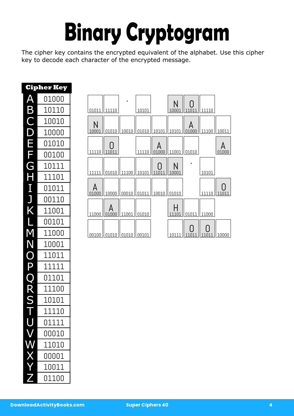 Binary Cryptogram in Super Ciphers 40